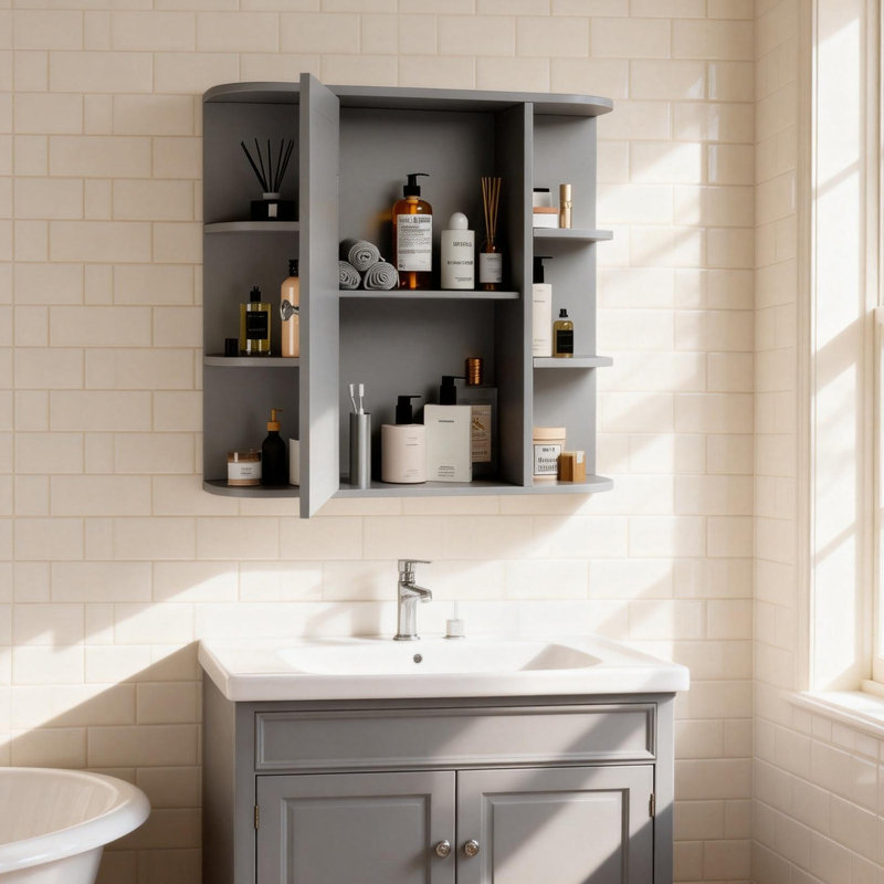 Bathroom Wall Cabinet With Mirror Door And 3 Shelves, Gray