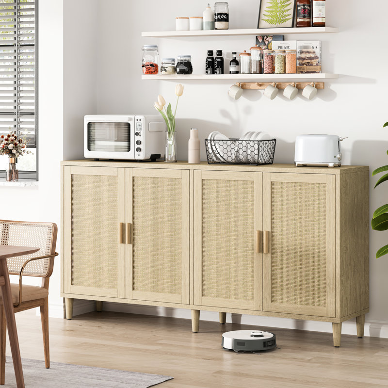 Buffet naturel à 4 portes de 70 po avec tablettes réglables, support solide, facile à nettoyer et à entretenir dans le salon, polyvalent pour le rangement dans la chambre à coucher