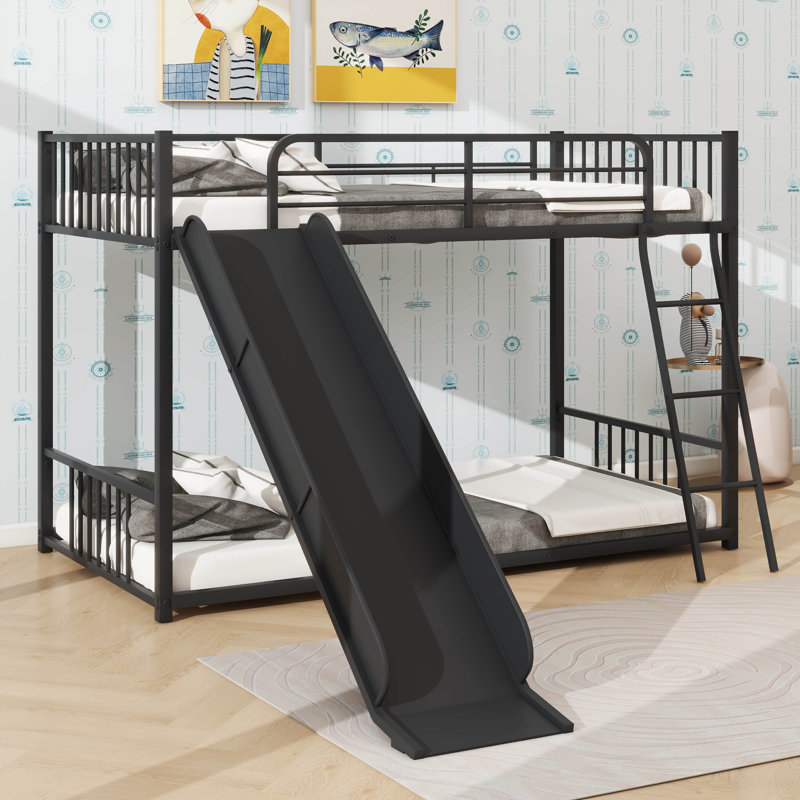 Sturdy Metal Bunk Bed With Slide, Twin Over Twin Design, Black