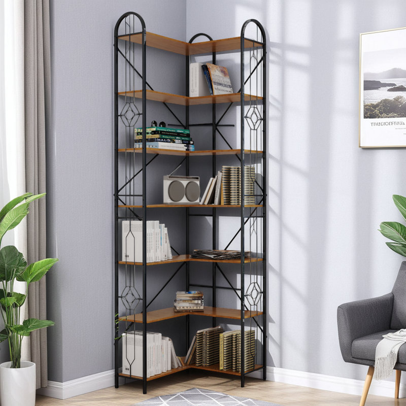 Tablette industrielle, bibliothèque d'angle verticale avec dossier ouvert, (7 tablettes) H 86 po x l 25 po x P 25 po, Brun