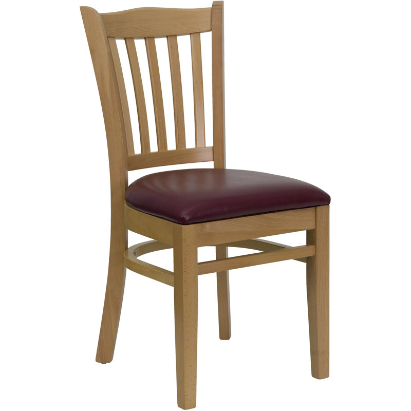 Orlison Vertical Slat Back Wooden Restaurant Chair, Vinyl Burgundy, Natural Wood