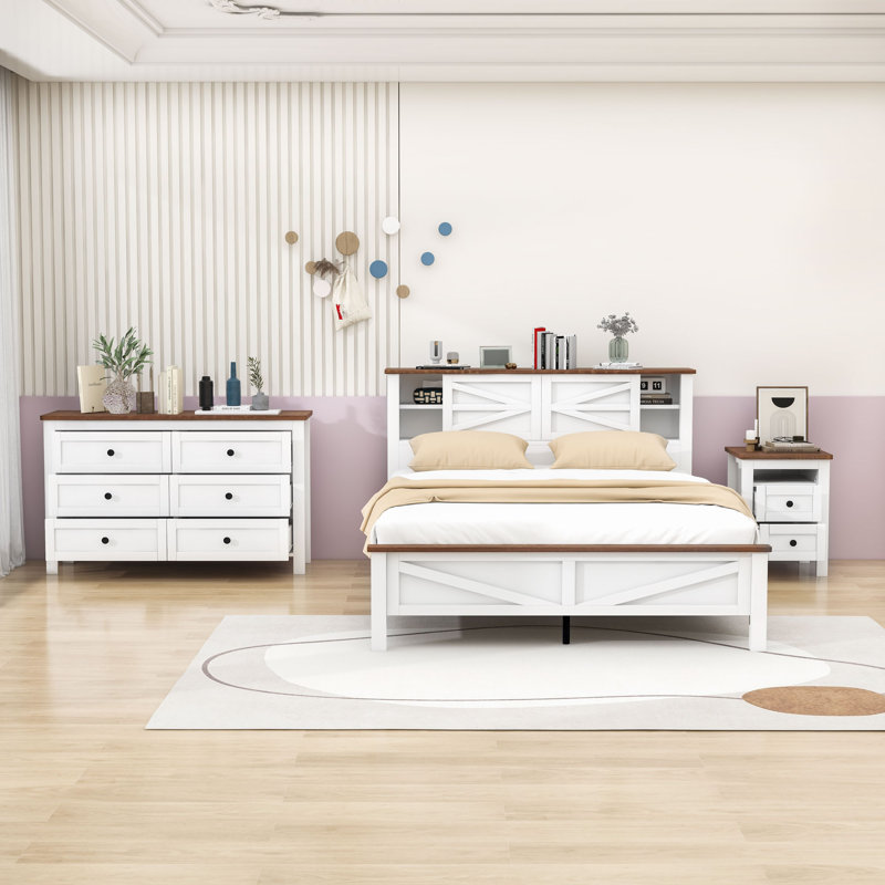 Ensemble de chambre à coucher 3 pièces Berty, Blanc, brun, Grand