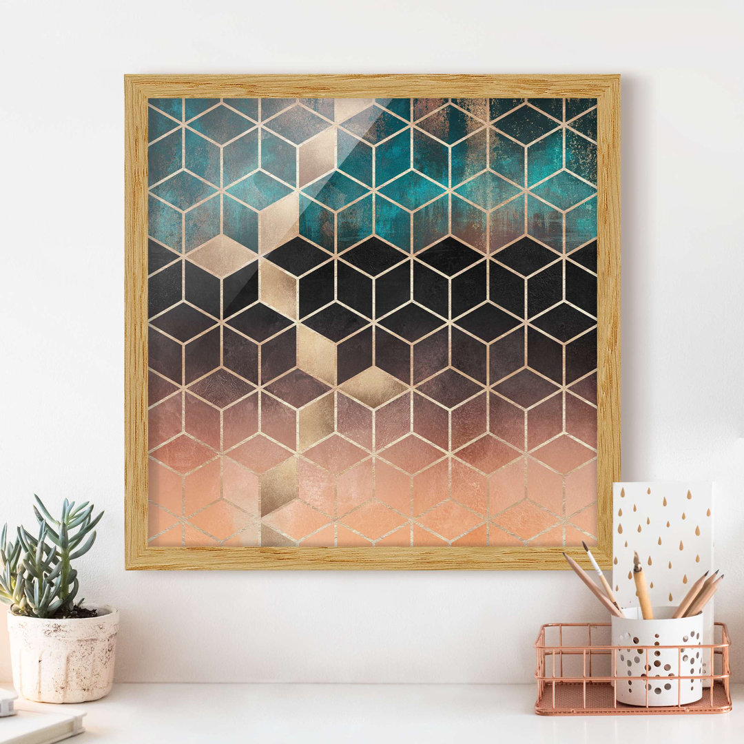 Gerahmtes Poster Turquoise Rosé Golden Geometry