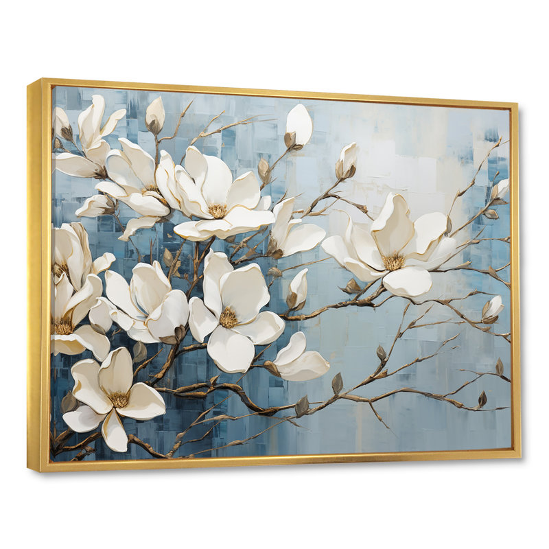«Blue and Gold Painted Magnolias VI», art mural sur toile Magnolias, H 24 po x l 32 po, Reproduction avec cadre flottant