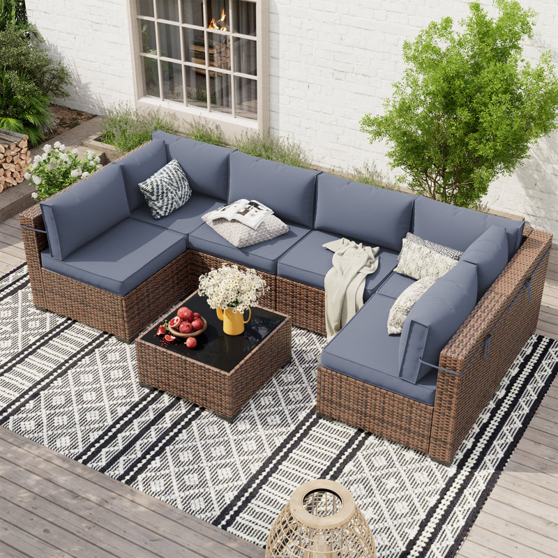 Ensemble de conversation modulaire en rotin avec table basse, Gris