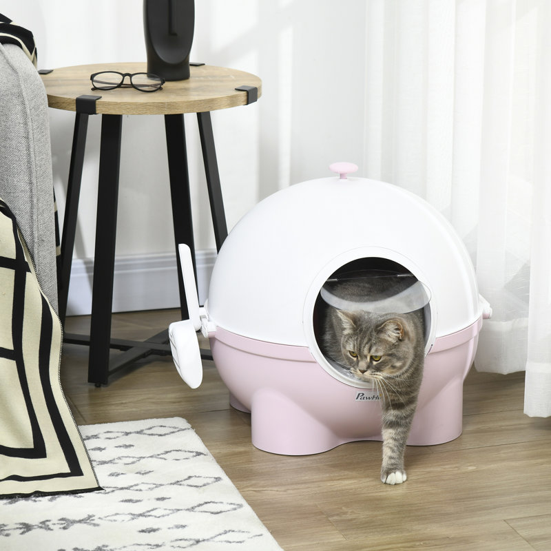 Large Pink and White Hooded Cat Litter Box with Scoop