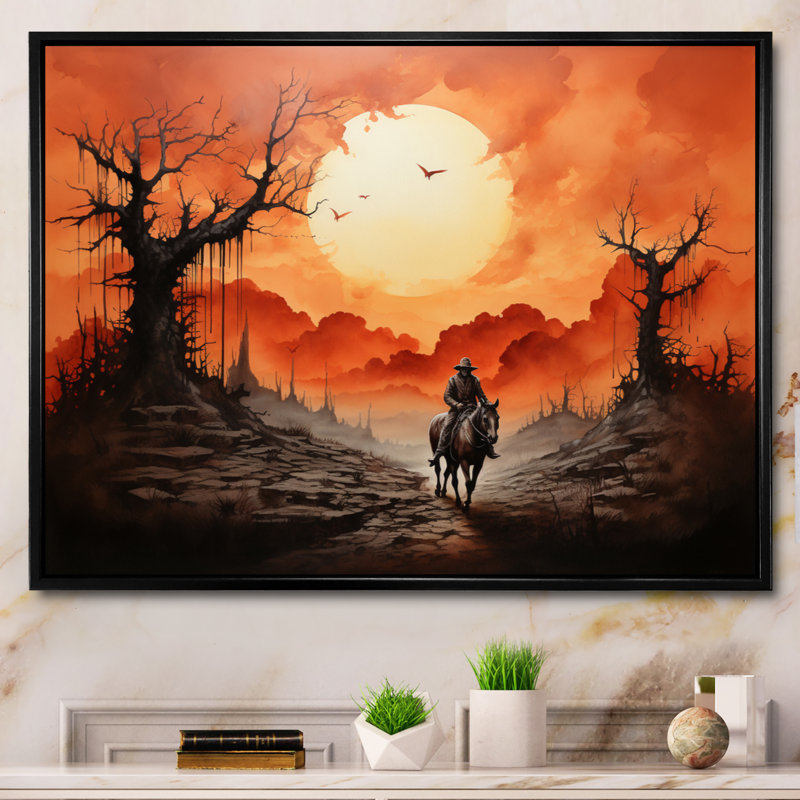 Cowboy Riding Into The II - Cowboys Wall Art Living Room, H 12 po x l 20 po x P 1 po, Cadre flottant noir