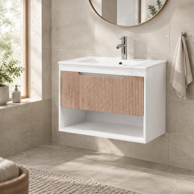 Meuble-lavabo suspendu moderne de 76 cm (30 po) seulement, armoire murale en MDF avec tiroir cannelé et tablette ouverte, blanc/chêne