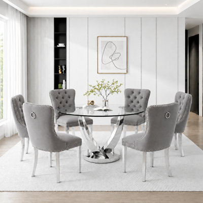 47.2" Modern Round Glass Dining Table Set for 6, Metal Pedestal Dining Table with Velvet Upholstered Chairs