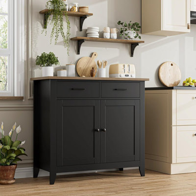 Armoire de cuisine, noir / brun rustique - Buffet de ferme moderne avec 2 tiroirs, 2 portes et un bar à café pour le salon, la salle à manger ou la salle de bain