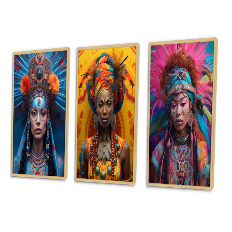 «Vibrant Slavic Spiritual Festive Portraits», 3 pièces, Cadre naturel flottant, H 40 po x l 60 po