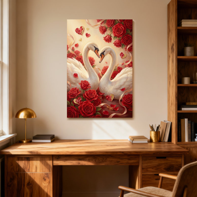 Saint-Valentin, cygnes, roses, cœurs, rubans, amour, art élégant, H 18 po x l 12 po