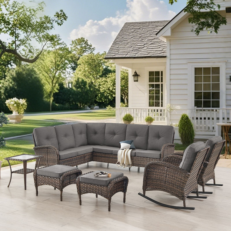 Valierius Outdoor Sectional Sofa Set With Rocking Chairs, Ottomans, PE Wicker, Water-Resistant Cushions, Gray