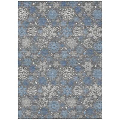 Machine Washable Indoor/Outdoor Christmas Snowflake Xhevrie Gray Rug