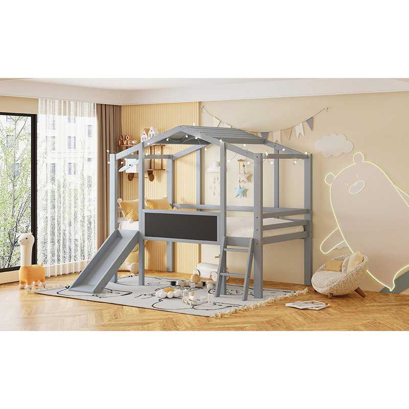 Lit mezzanine simple avec glissade en bande grise de style maison sur le toit, pour enfants de 6 ans et plus, glissade grise pour lit simple, toit captivant pour plus de 6 ans