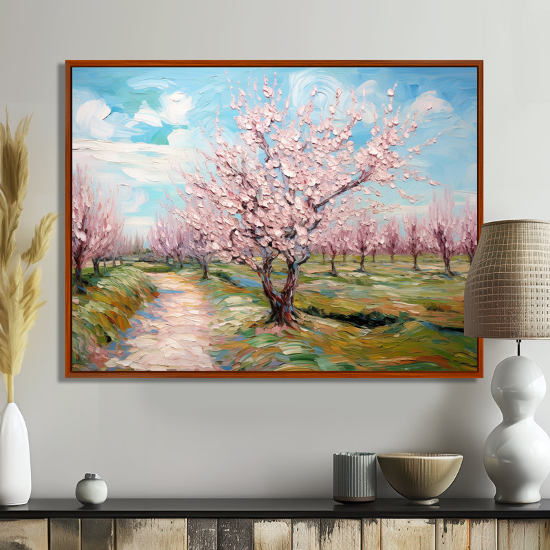 «Vangogh Blooming Cherry Trees» encadré sur toile par Vincent Van Gogh, peinture, H 24 po x l 32 po, Brun