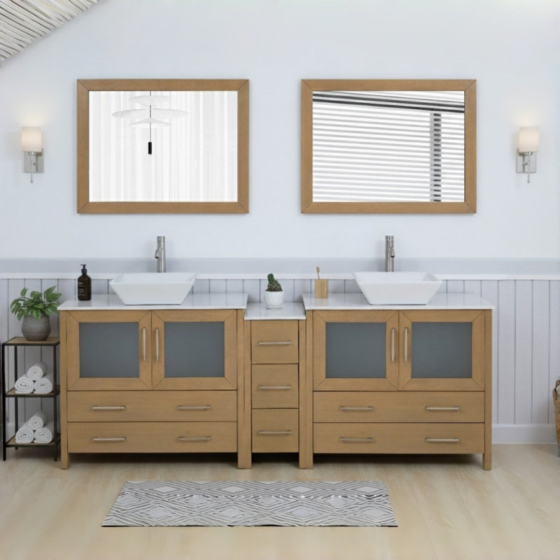 84" Double Bathroom Vanity with Engineered Marble Top with Mirror, Brushed Nickel, Natural Oak