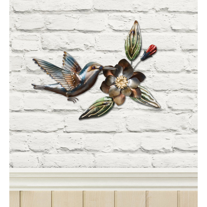 Bronze Gold Metallic Hummingbird Wall Decor with Flower
