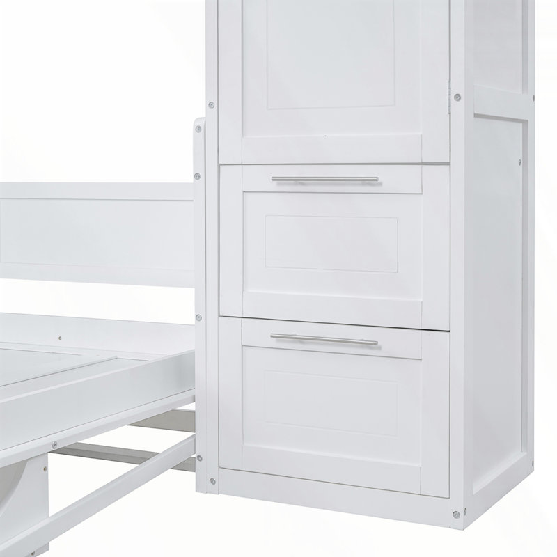 Lit escamotable Ajae avec bibliothèque de rangement, tiroirs et garde-robe, Blanc, Grand