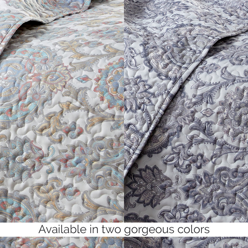 Boho Paisley Collection Microfiber Quilt Set, Aqua, Full/Queen Quilt + 2 Standard Shams