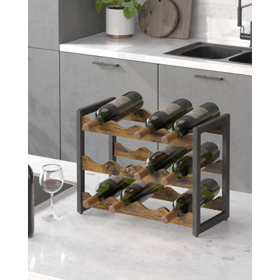 Alminus 12 - Bottle Wine Bottle & Glass Rack in Black and Brown