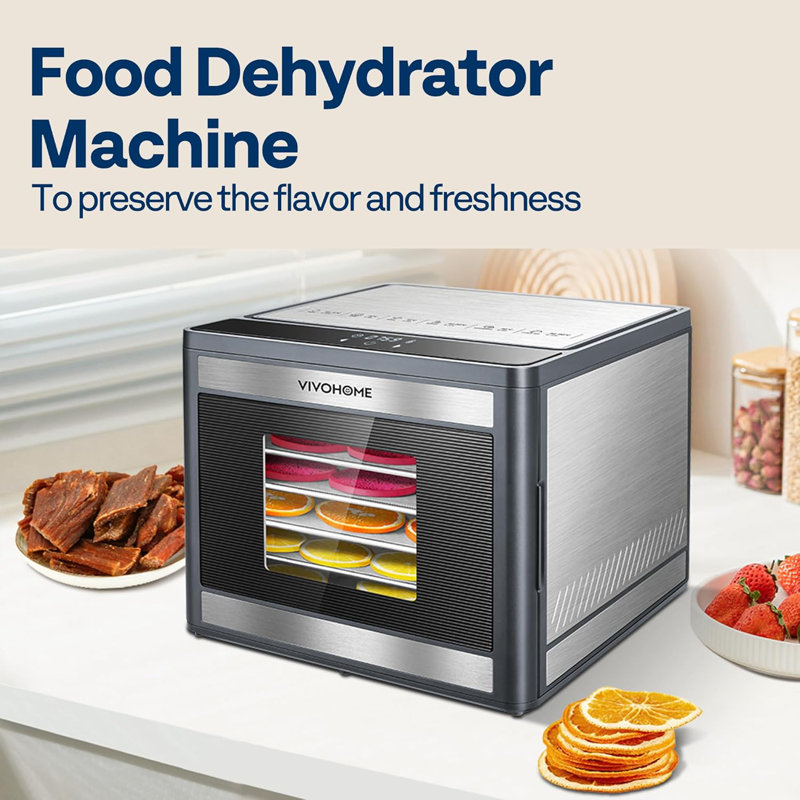 6-Tray Silver Stainless Steel Food Dehydrator with Timer and Temperature Control