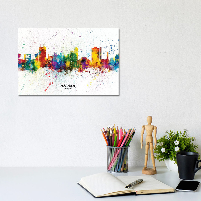 Ann Arbor Michigan Skyline Splash by Michael Tompsett - Wrapped Canvas Gallery-Wrapped Canvas Giclée, 20.32cm H x 30.48cm W