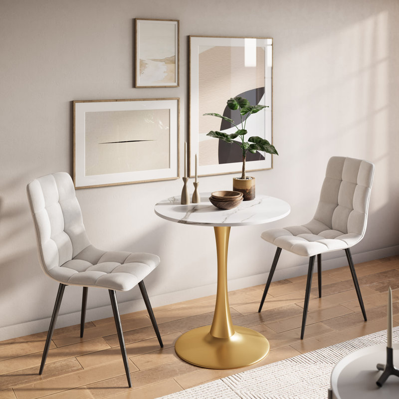 Round Metal Base Dining Table, Golden Brown, White Marble