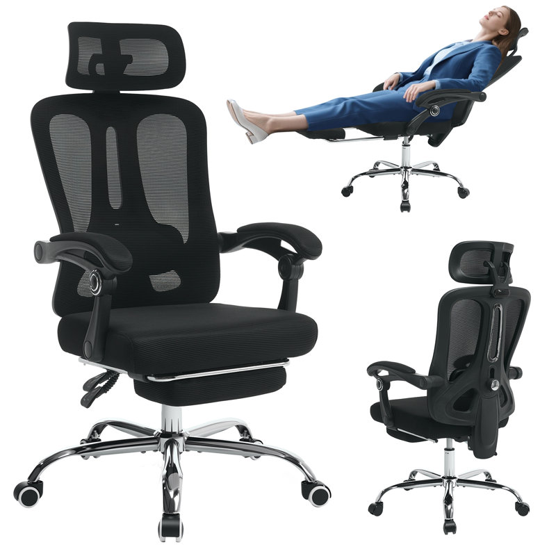 Ergonomic Mesh Gaming & Office Chair, Adjustable Headrest & Lumbar Support, Retractable Footrest, 3D Armrests, Comfortable Desk Chair, Black