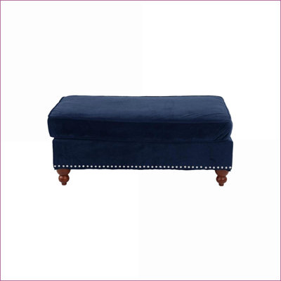 Repose-pieds, salon en velours bleu indigo cocktail avec garniture cloutée chromée | Pieds en bois | Noyer brun