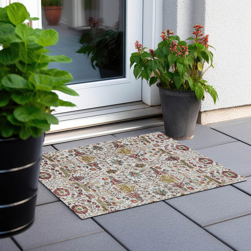 Ivory and Multicolor Washable Synthetic Rectangular Rug