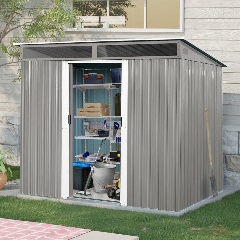 Rangement extérieur en métal de 8 pi x 6 pi avec portes coulissantes verrouillables et plaque transparente pour le jardin