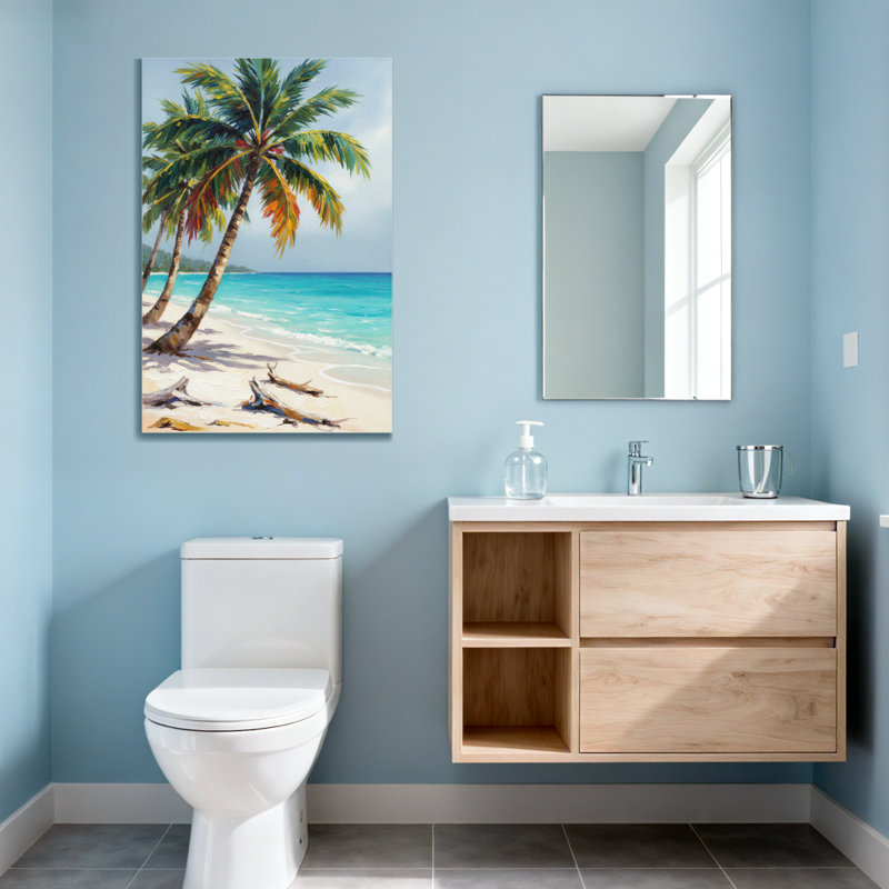 Plantes et fleurs, plage tropicale, palmiers, vue sur l'océan, sable, bois flottant, ciel, H 30 po x l 20 po