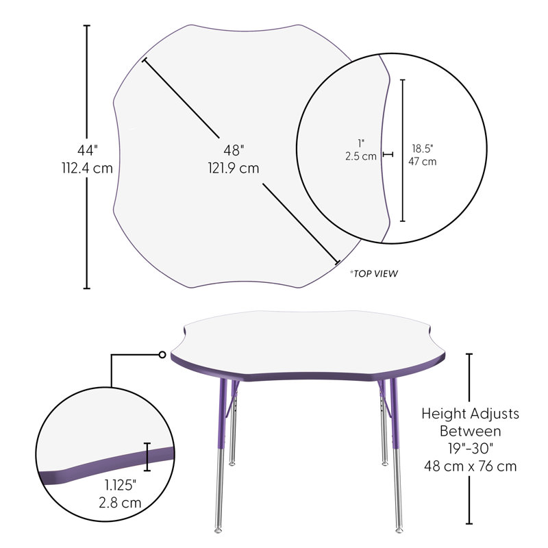 Table d'activité à sec avec pieds réglables, Roulement pivotant standard, Trèfle, Whiteboard/Purple