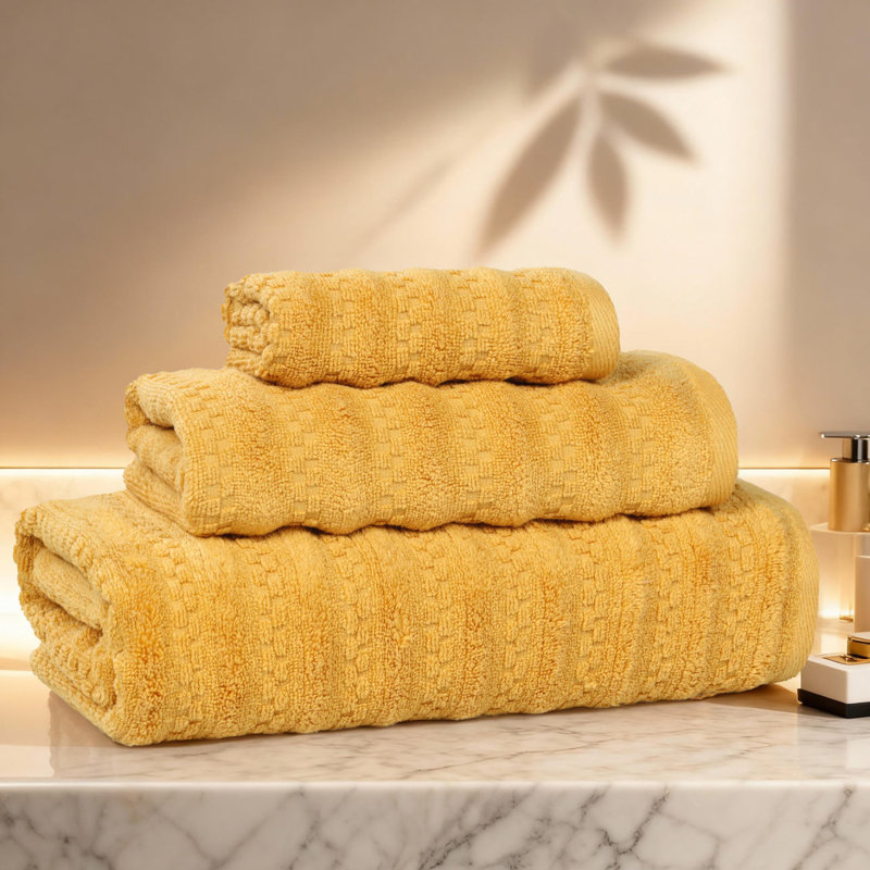 Blue Nile Mills  Zero-Twist Cotton Towel Set - Waffle Stripe Texture - Quick-Dry, Gold