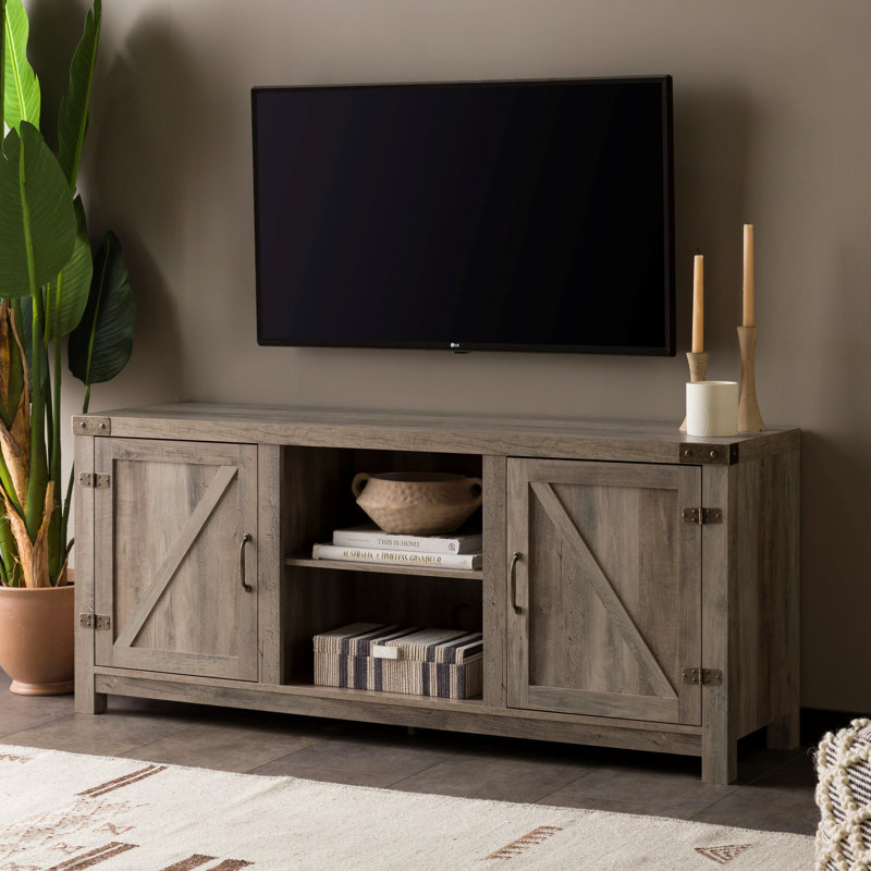 Modern Farmhouse Barn Door 3-Shelf TV Stand For Tvs Up To 65”, Gray Wash, 25"H x 58.75"L x 15.5"W