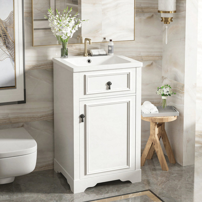 Meuble-lavabo de 20 pouces avec lavabo en céramique, porte à fermeture douce, tablette réglable et support de rangement fixé à la porte - idéal pour les petites salles de bain