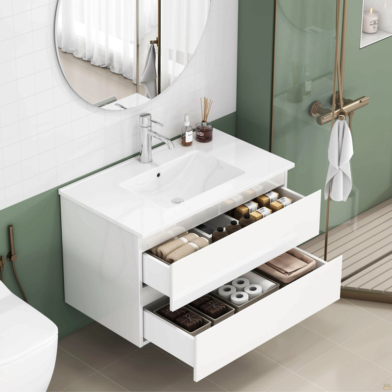 Meuble-lavabo de 31,5 po avec lavabo combiné, armoire avec 2 grands tiroirs, système de fermeture en douceur, 2 grands tiroirs, conception sans poignée, assemblage facile, blanc brillant