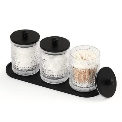 cotton swab Holder,Bathroom Organizers And Storage, Cotton Round Holder Floss Pick Holder Cotton Ball Holder With Tray, Glass Apothecary Jars With Lids, Cotton Pad Holder Set.(Black Lid Clear Color With Tray/3 Pack)