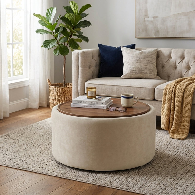 Table basse ronde de 30 po avec plateau en bois et rangement, beige, Beige