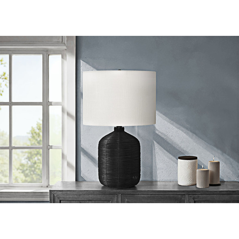 Lampe de table en rotin avec interrupteur rotatif à 3 voies et abat-jour en tissu ivoire