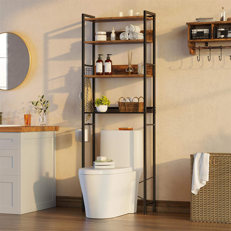Calirose 23.6" W x 68 "H x 9.4" D Over The Toilet Storage with 4-tier shelf & 4 hooks, Rustic Brown