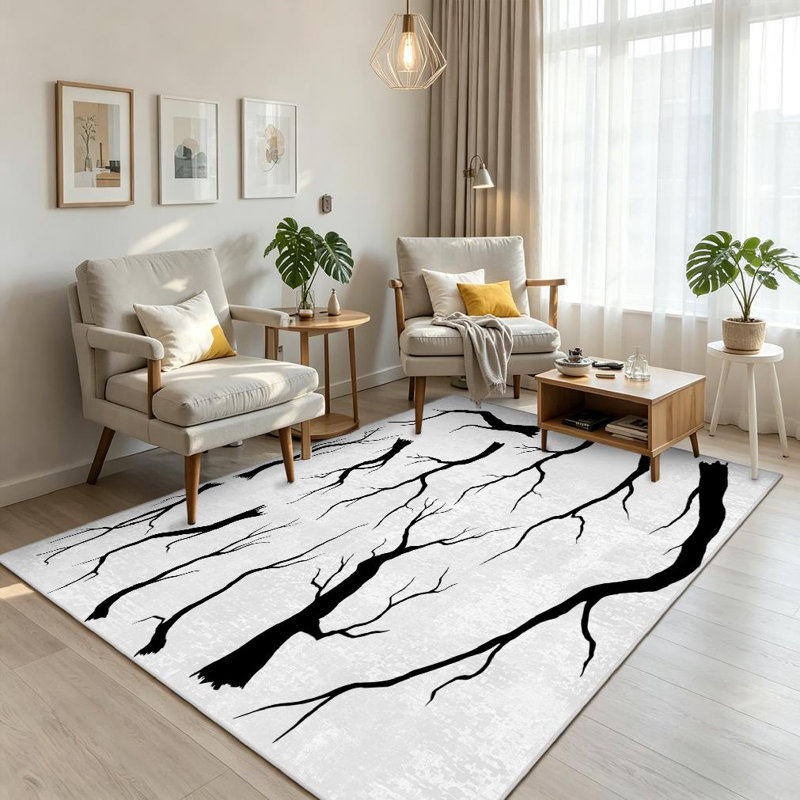 Orange Branches Branch Abstract Art Autumn Black Decoration Machine Washable Indoor Area Rug, Rectangle 71" x 98"