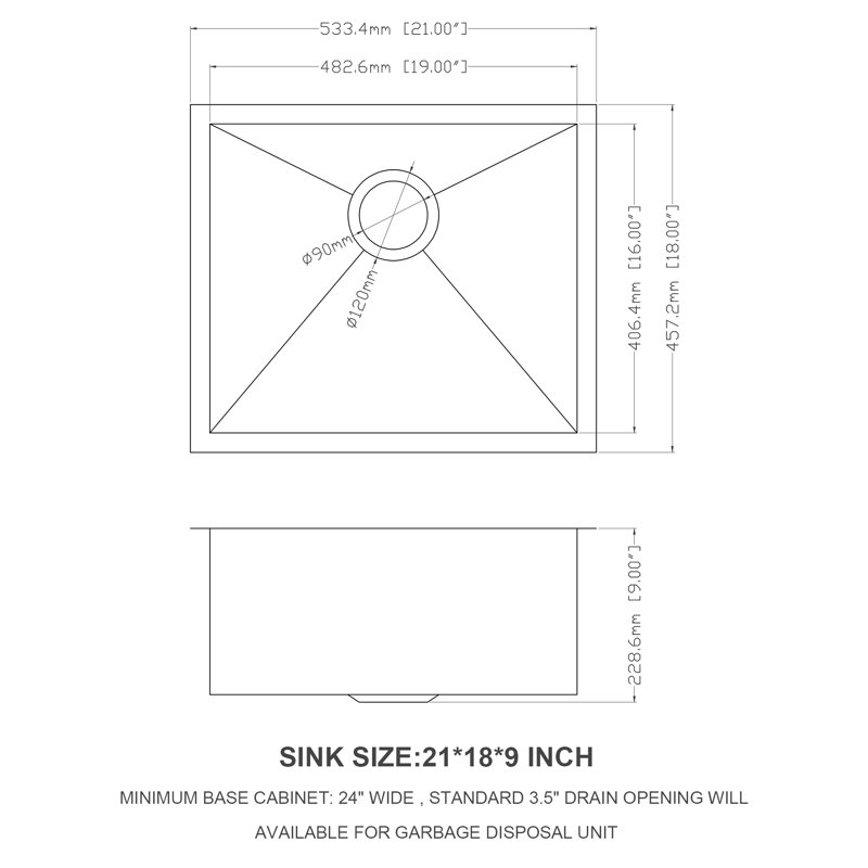 Évier insonorisé de calibre 18, encastré sous comptoir de 21 po, cuve simple de 9 po de profondeur, guide d'installation, bonde de finition satinée brossée et égouttoir pliable