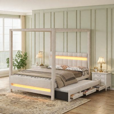 Grand lit plateforme à baldaquin tapissier avec lumières DEL, lit gigogne simple, 3 tiroirs de rangement, tête de lit
