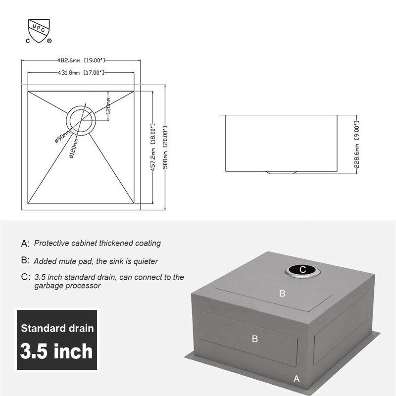 Évier de cuisine encastrable 19 po - évier de cuisine encastrable 19 po x 20 po x 9 po en acier inoxydable de calibre 16 profond 9 pouces