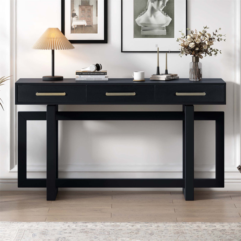 Console élégante avec trois tiroirs, table d'entrée très longue pour vestibule, couloir, salon, vestibule, couloir, Noir