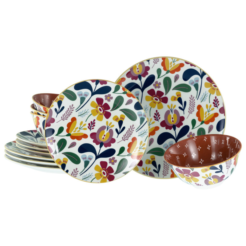 Folklore Piece Stoneware Dinnerware Set - Service for 4, White/Red/Orange