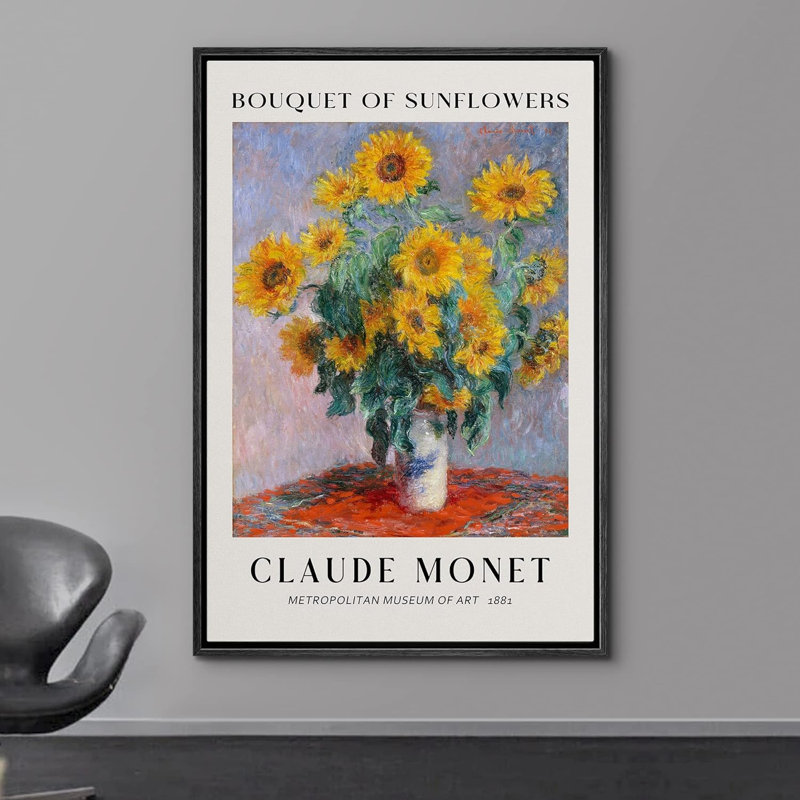 Tournesol, œuvre d'art classique «Bouquet of Sunflowers» par Claude Monet, reproduction sur toile flottante, Noir