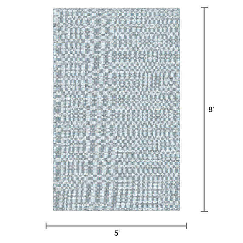 Tapis bleu / ivoire tissé à la main à plat, Rectangle 5 pi x 8 pi